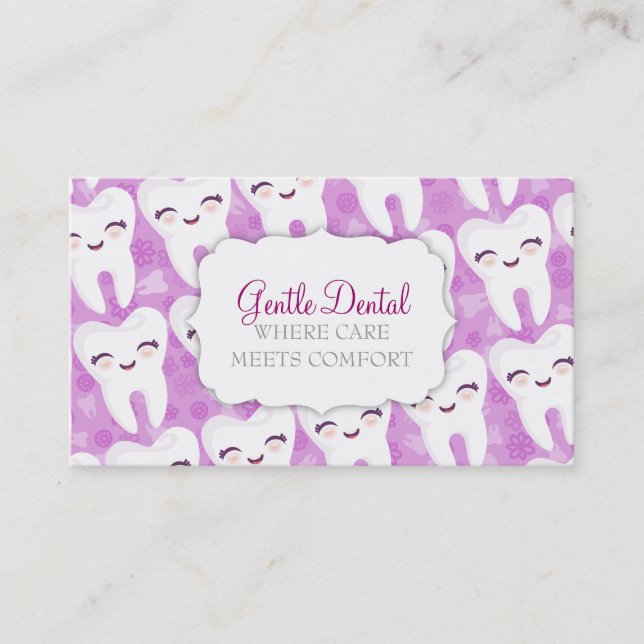 Cute Tooth Pattern - Purple Custom Business Cards (Front)