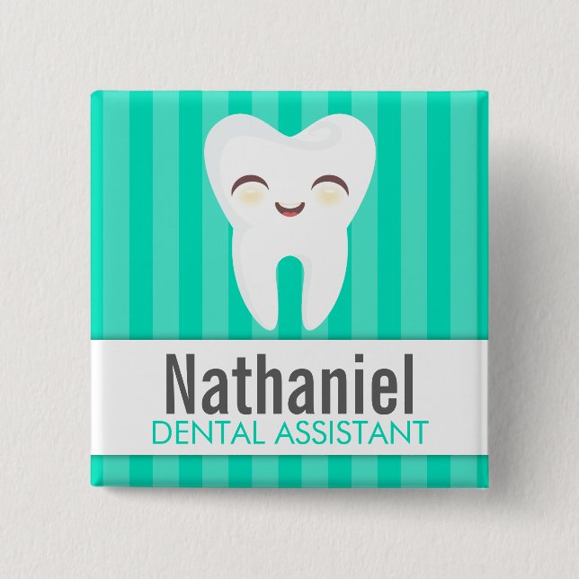 Cute Tooth - Teal Custom Name Badge Button (Front)