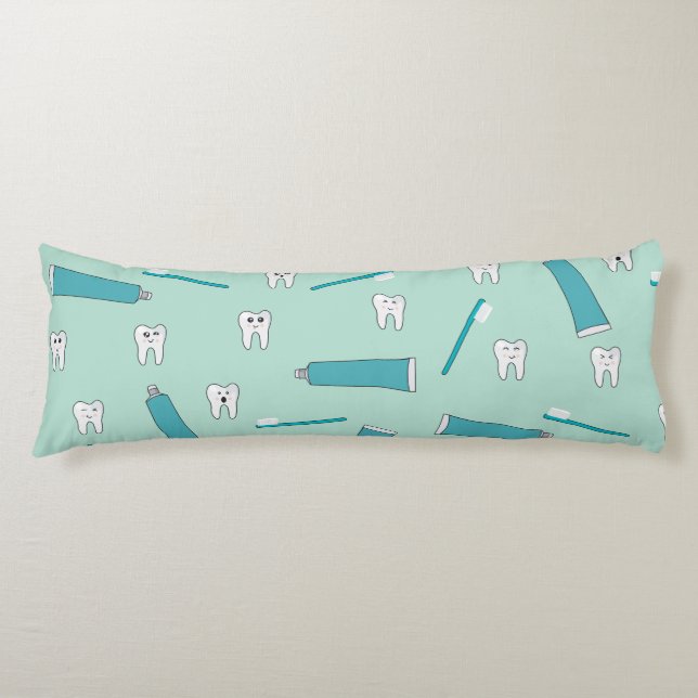 Cute Tooth Teal Mint Toothpaste Toothbrush Pattern Body Cushion (Front)
