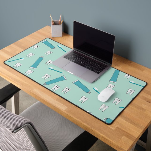 Cute Tooth Teal Mint Toothpaste Toothbrush Pattern Desk Mat (Office 2)