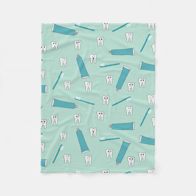 Cute Tooth Teal Mint Toothpaste Toothbrush Pattern Fleece Blanket (Front)