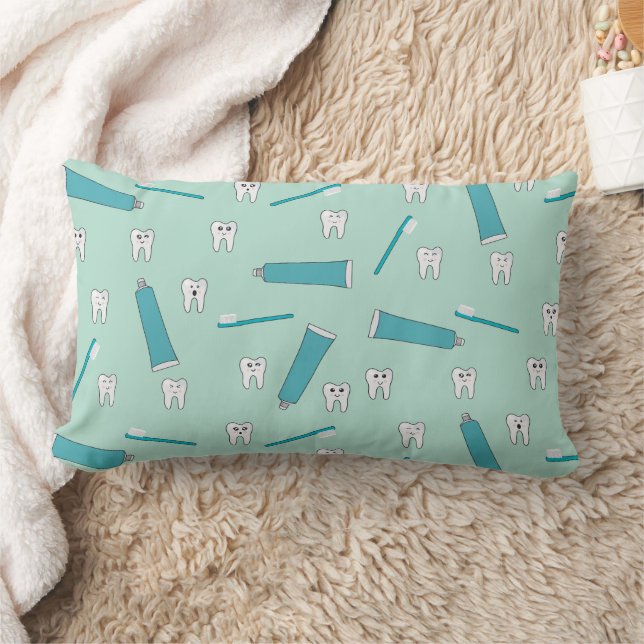Cute Tooth Teal Mint Toothpaste Toothbrush Pattern Lumbar Cushion (Blanket)