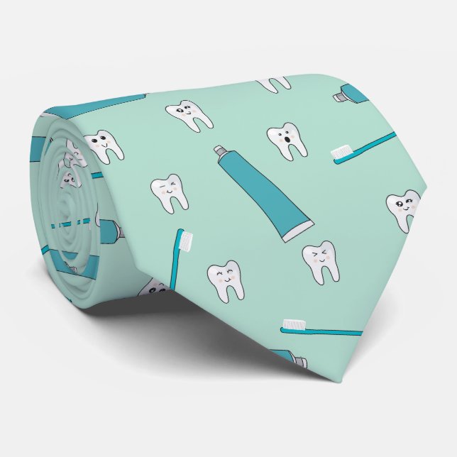 Cute Tooth Teal Mint Toothpaste Toothbrush Pattern Tie (Rolled)
