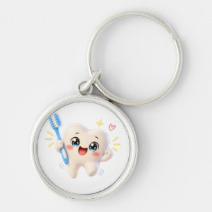 Cute Tooth Toothbrush Round Metal Keychain