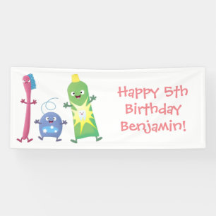 Cute toothbrush toothpaste dental floss cartoon banner