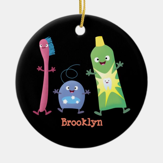 Cute toothbrush toothpaste dental floss cartoon ceramic ornament (Front)