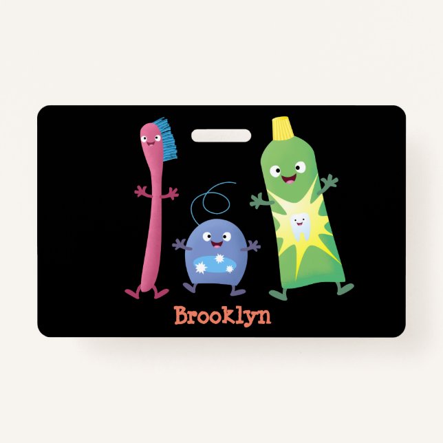 Cute toothbrush toothpaste dental floss cartoon ID badge (Front)