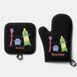 Cute toothbrush toothpaste dental floss cartoon oven mitt & pot holder set