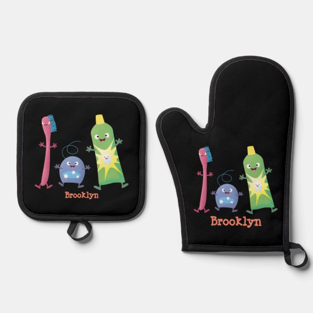 Cute toothbrush toothpaste dental floss cartoon oven mitt & pot holder set (Front)