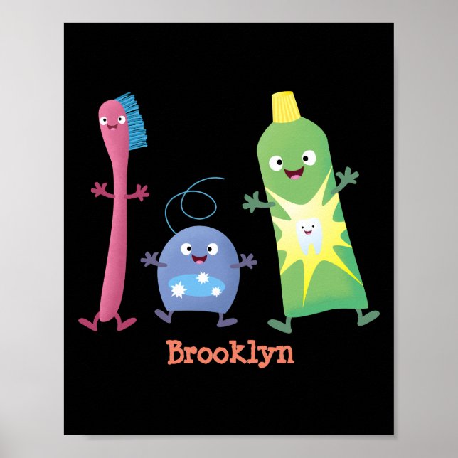 Cute toothbrush toothpaste dental floss cartoon poster (Front)