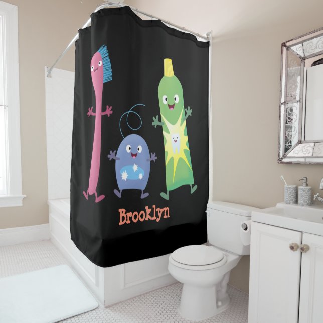 Cute toothbrush toothpaste dental floss cartoon shower curtain (In Situ)