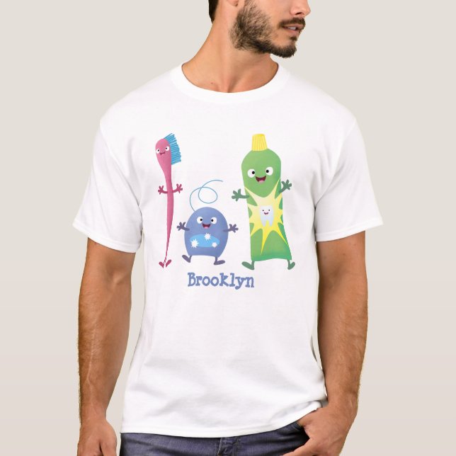 Cute toothbrush toothpaste dental floss cartoon T-Shirt (Front)