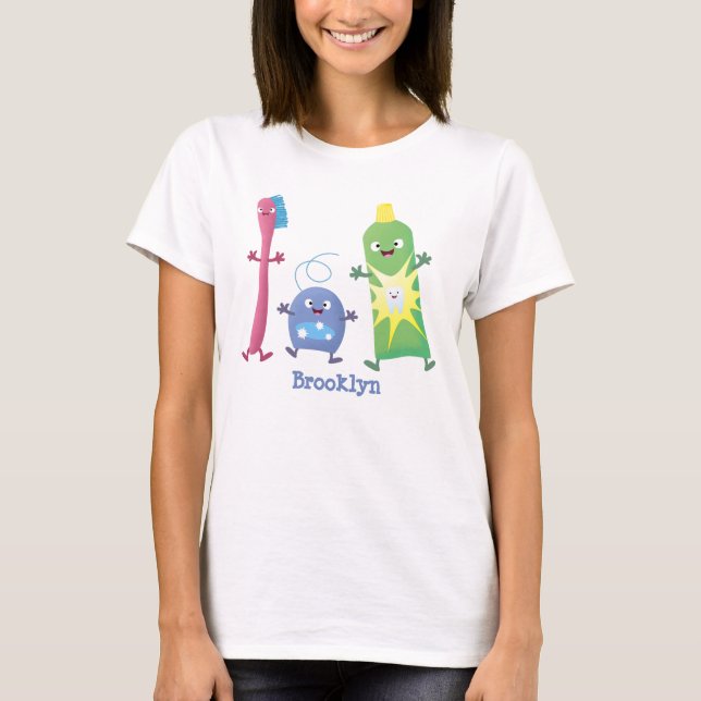 Cute toothbrush toothpaste dental floss cartoon T-Shirt (Front)