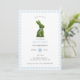 Cute Topiary Bunny blue Gingham Birthday  Invitation