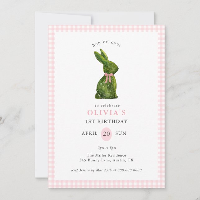 Cute Topiary Bunny Pink Gingham Girl Birthday  Invitation (Front)