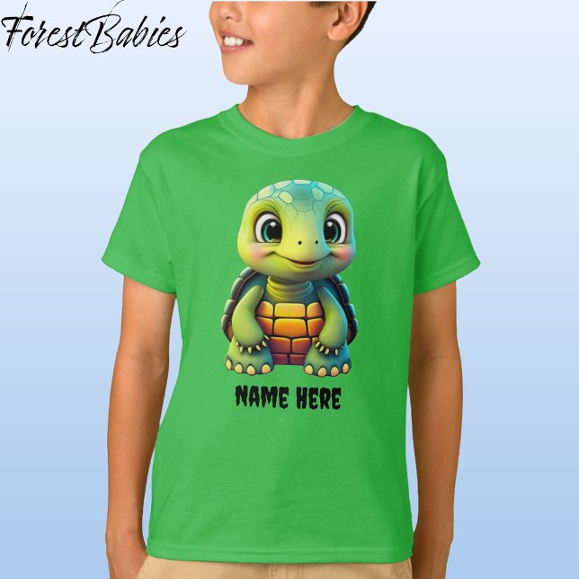 Cute Tortoise Kid's Turtle Animal Cartoon Graphic T-Shirt (Tortoise, Green Customizable ForestBabies T-shirt - Front)