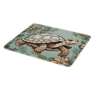 Cute tortoise on floral cutting board