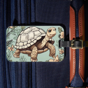 Cute tortoise on floral luggage tag