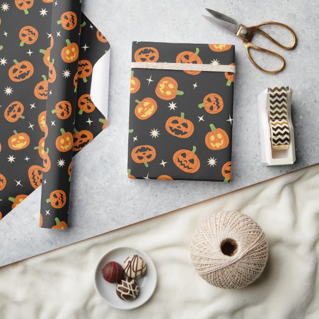 Cute tossed Halloween Pumpkins pattern on black  Wrapping Paper (Crafts)