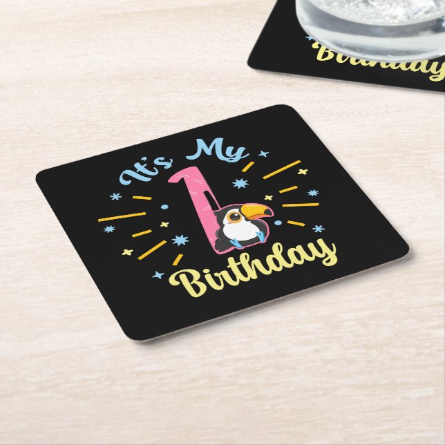Cute Toucan 1st Birthday 1 Year Old Birth Girl  Square Paper Coaster (Angled)