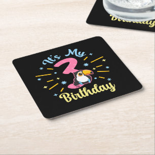 Cute Toucan 3rd Birthday 3 Year Old Birth Girl Square Paper Coaster