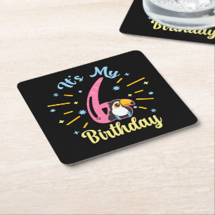 Cute Toucan 6th Birthday 6 Year Old Birth Girl Square Paper Coaster