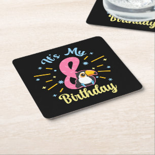 Cute Toucan 8th Birthday 8 Year Old Birth Girl Square Paper Coaster