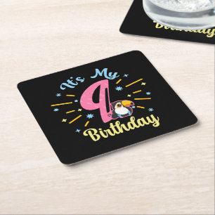 Cute Toucan 9th Birthday 89 Year Old Birth Girl  Square Paper Coaster