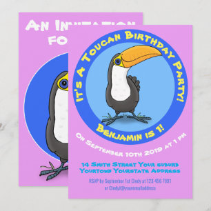 Cute toucan bird cartoon birthday invite 1 years
