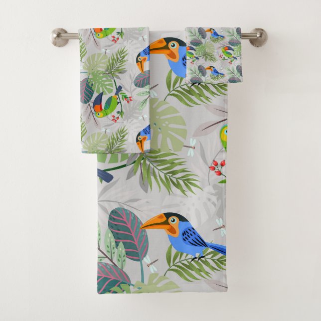 Cute Toucan bird, Everybirdy Pattern, Watercolors Bath Towel Set (Insitu)
