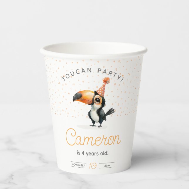 Cute Toucan, orange, kid’s birthday celebration Paper Cups (Front)