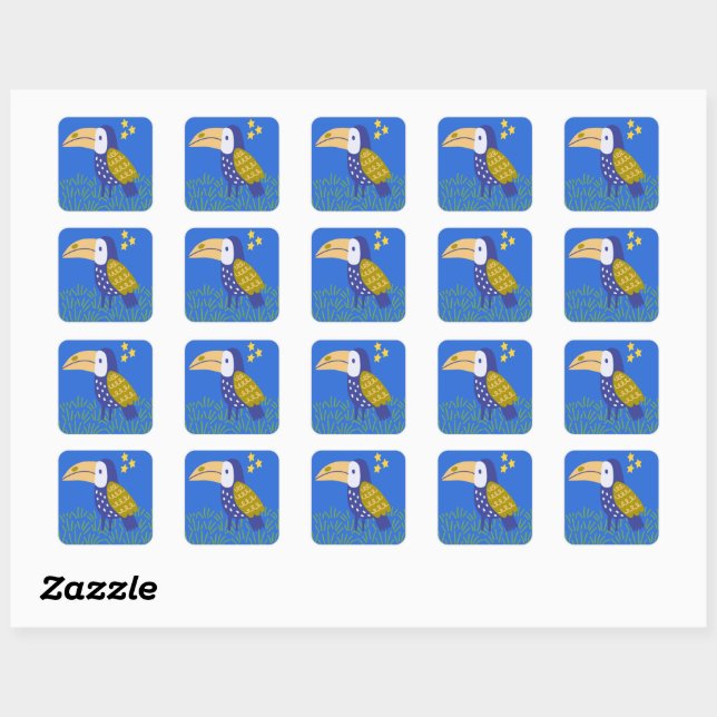 Cute Toucan with Yellow Stars on Blue Background Square Sticker (Sheet)