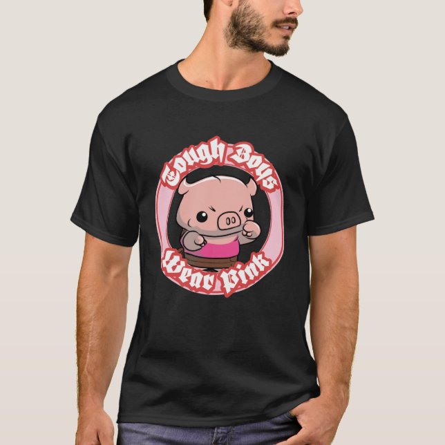 Cute Tough Fighter Pig Tough Boys Wear Pink T-Shirt (Front)