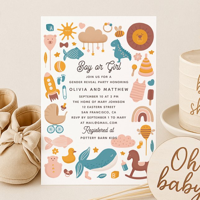 Cute toy animal. Boy or girl Gender reveal party Invitation (Creator Uploaded)