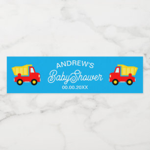 Cute toy construction dump truck boy baby shower water bottle label