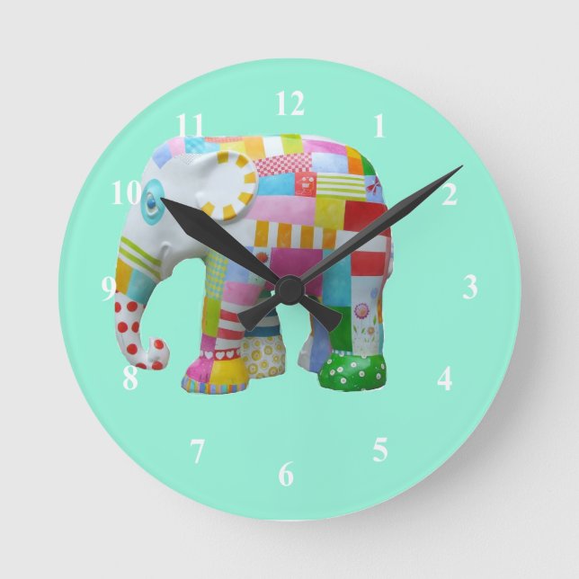 Cute toy retro elephant whimsical colourful round clock (Front)