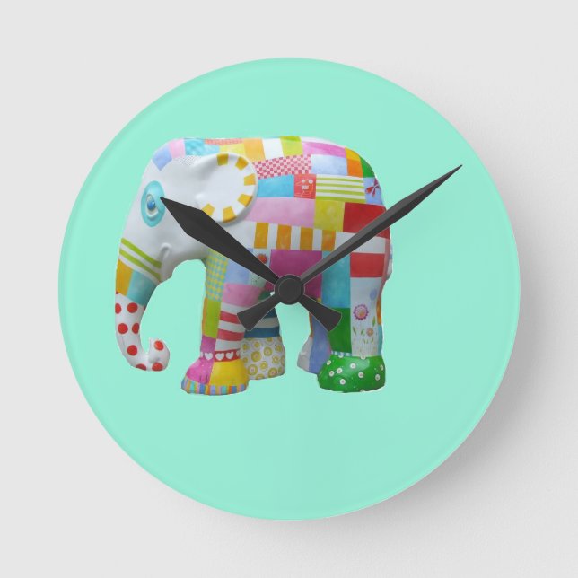 Cute toy retro elephant whimsical colourful round clock (Front)