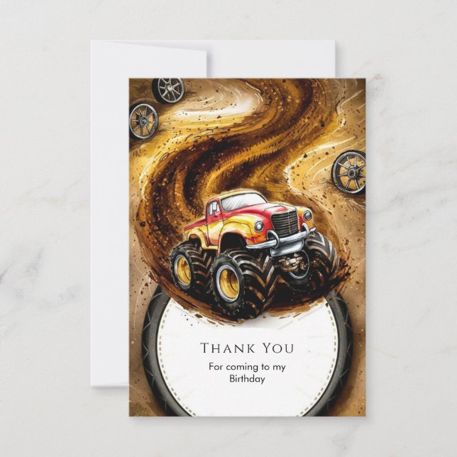 Cute Track Monster Truck Birthday Thank You Card (Front)