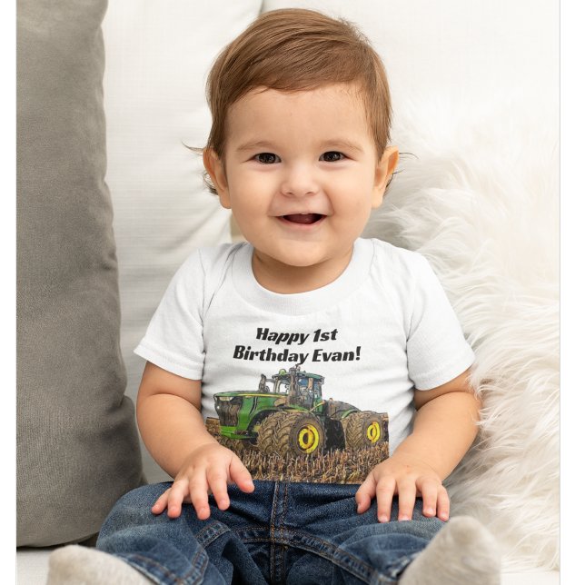 Cute Tractor Farm Equipment 1st Birthday Party Baby T-Shirt (Creator Uploaded)