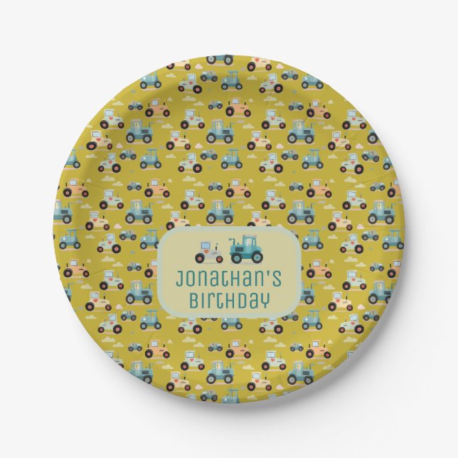 Cute tractor pattern ochre yellow name Baby Bib Paper Plate (Front)