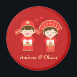 Cute Traditional Chinese Couple Wedding Magnet<br><div class="desc">Design comes with a cartoon of a cute boy and girl dressed in a traditional bright red and gold Chinese bridegroom and bride costumes complete with head pieces. Red is an auspicious colour in Chinese culture. Note that the gold refer to here is a close match of the colour and...</div>