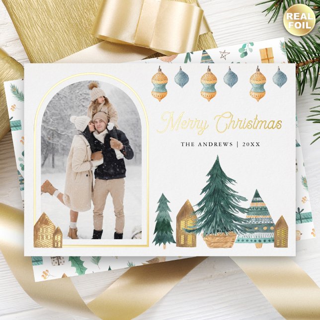 Cute Traditional Nordic Arch Photo Christmas Foil Holiday Card (Creator Uploaded)