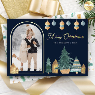 Cute Traditional Nordic Arch Photo Navy Christmas Foil Holiday Card