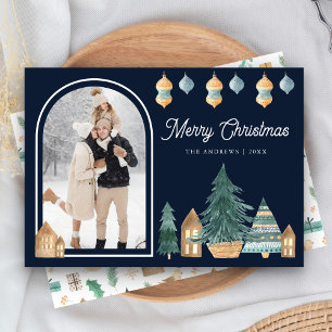 Cute Traditional Nordic Arch Photo Navy Christmas Holiday Card