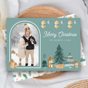 Cute Traditional Nordic Arch Photo Teal Christmas Holiday Card