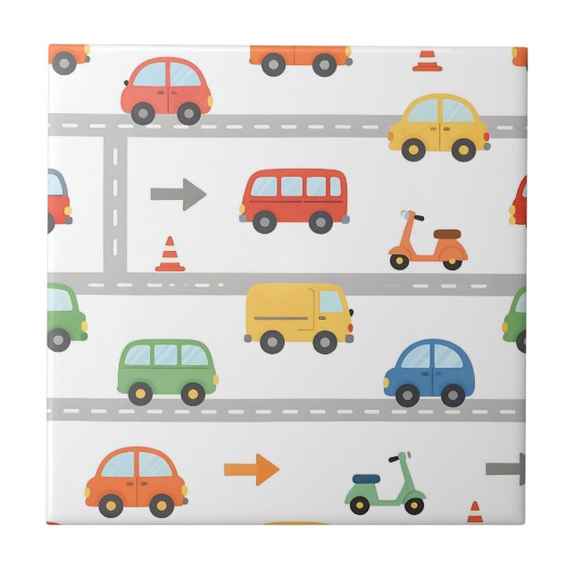 Cute Traffic Road Vehicles Pattern Kids Ceramic Tile (Front)