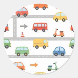 Cute Traffic Road Vehicles Pattern Kids Classic Round Sticker