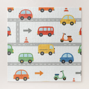 Cute Traffic Road Vehicles Pattern Kids Jigsaw Puzzle