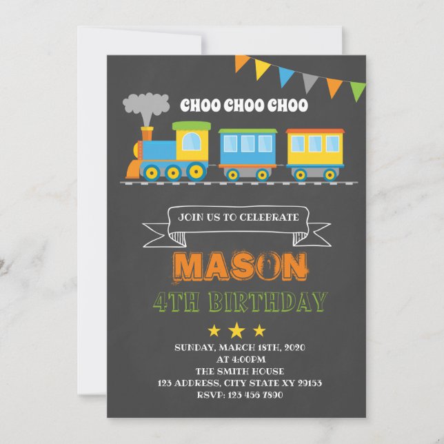 Cute train birthday party invitation (Front)