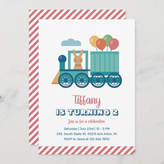 Cute Train Bunny and Balloon Kids Birthday Invitation (Front/Back)